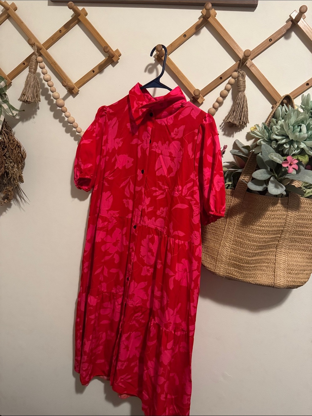 SHEIN Red and Pink Floral Button-Front Dress